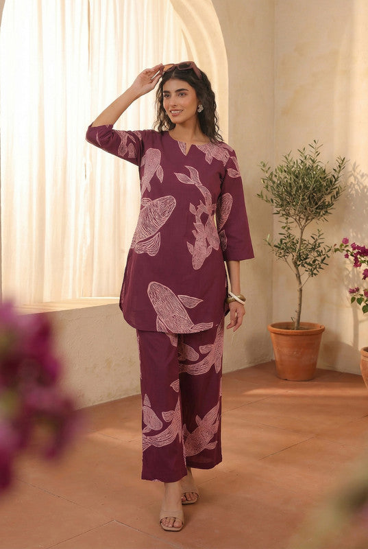 Purple Fish Motif Printed Cotton Co-ord Set
