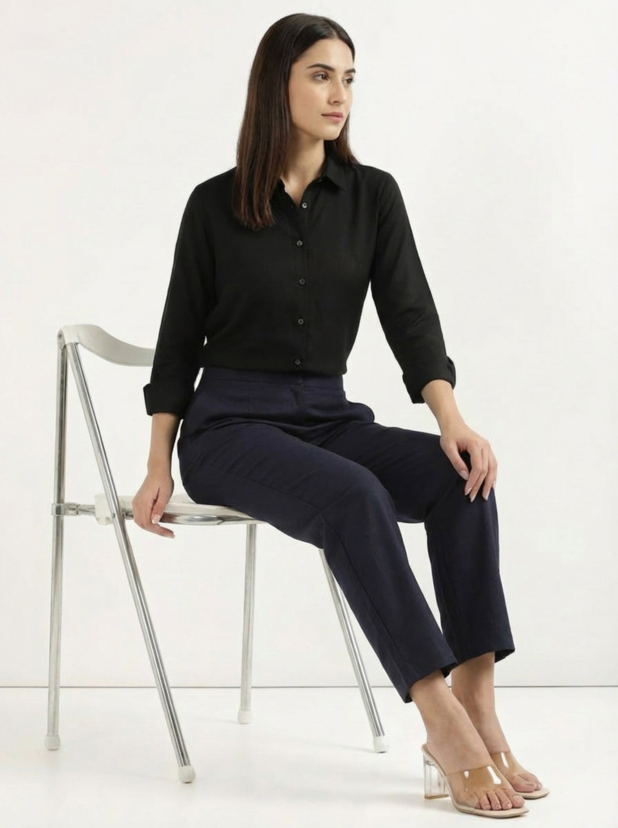 Smart Fit Navy Blue Straight Fit Formal Cotton Pants