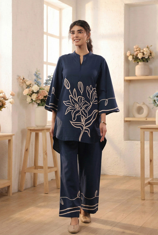 Navy Blue Floral Designer Printed Cotton Co-ord Set