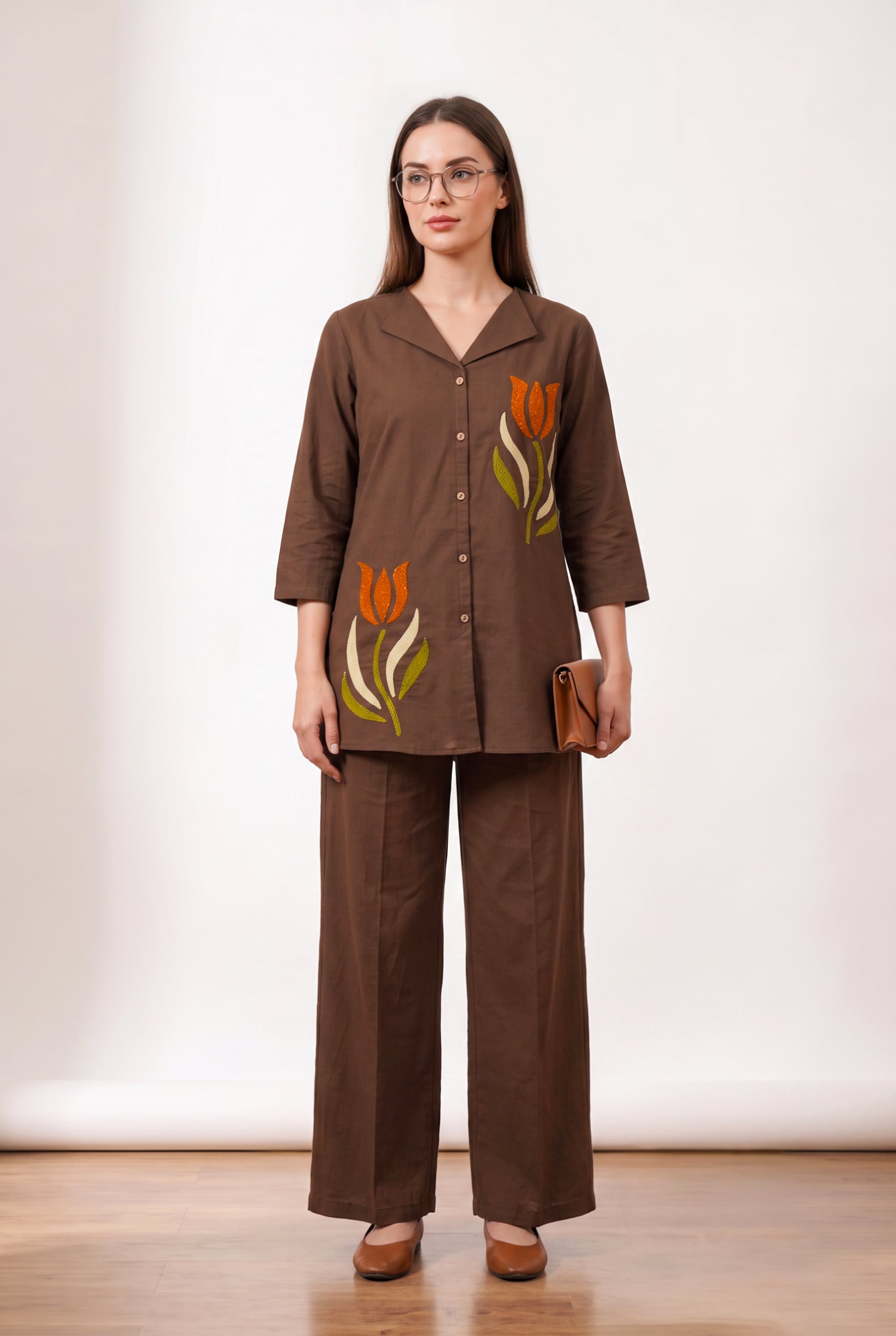 Brown Tulip Embroidered Button-Down Shirt with Wide Leg Pant Cotton Flex Co-ord Set