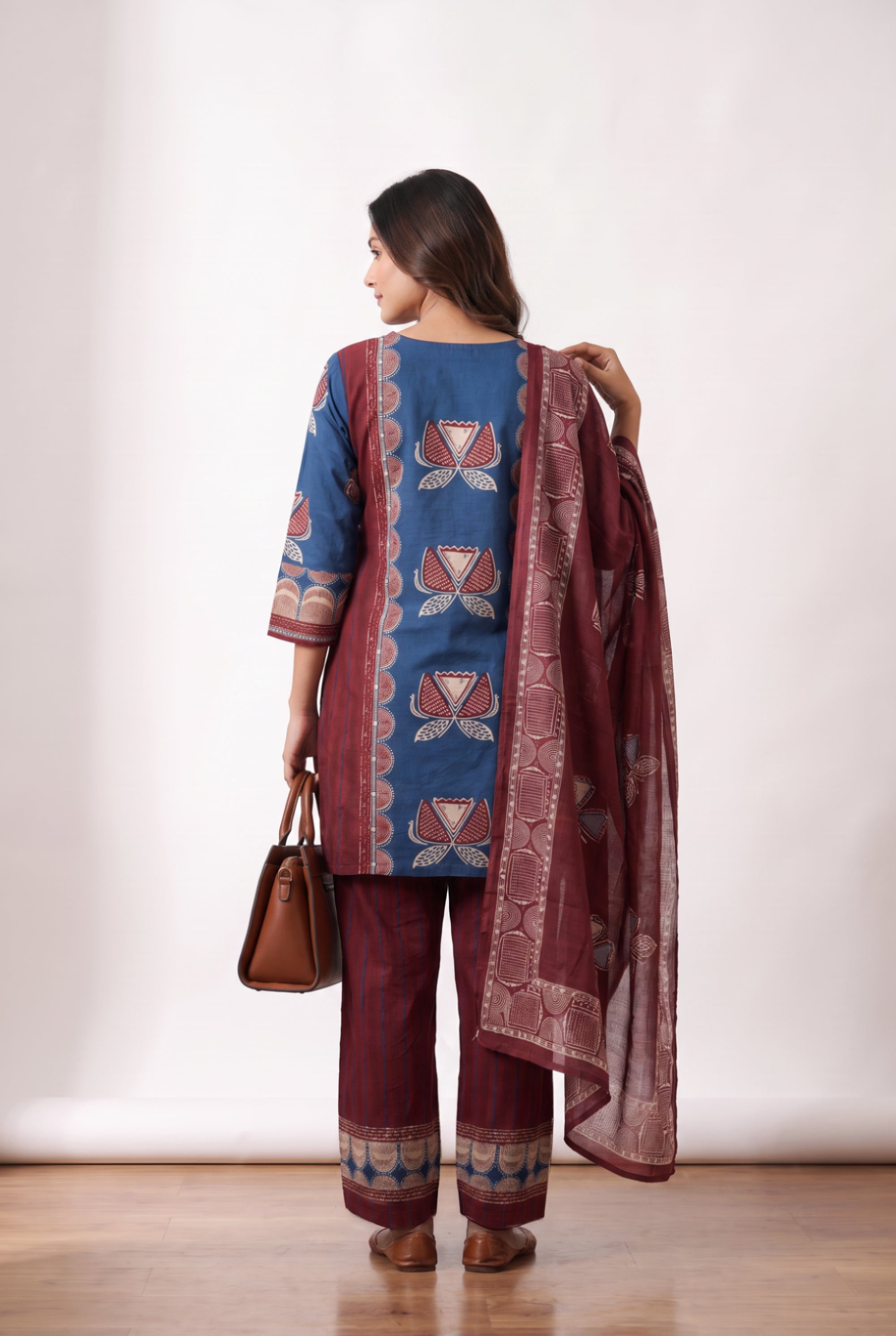Traditional Blue Hand Block Print Inspired Cotton Kurta Set with Maroon Dupatta & Straight Pants