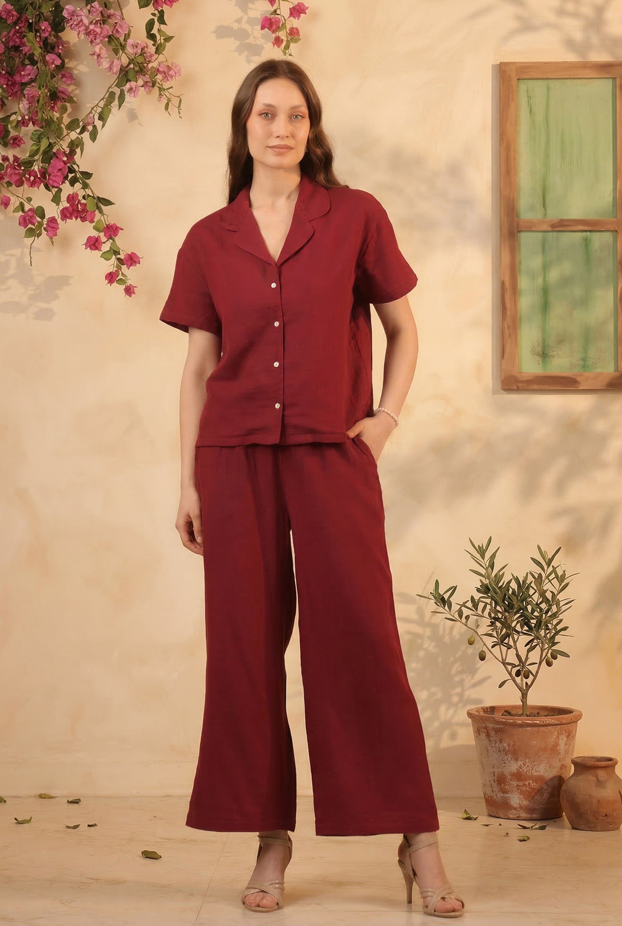 Maroon Solid Cotton Button-Down Night Suit Set