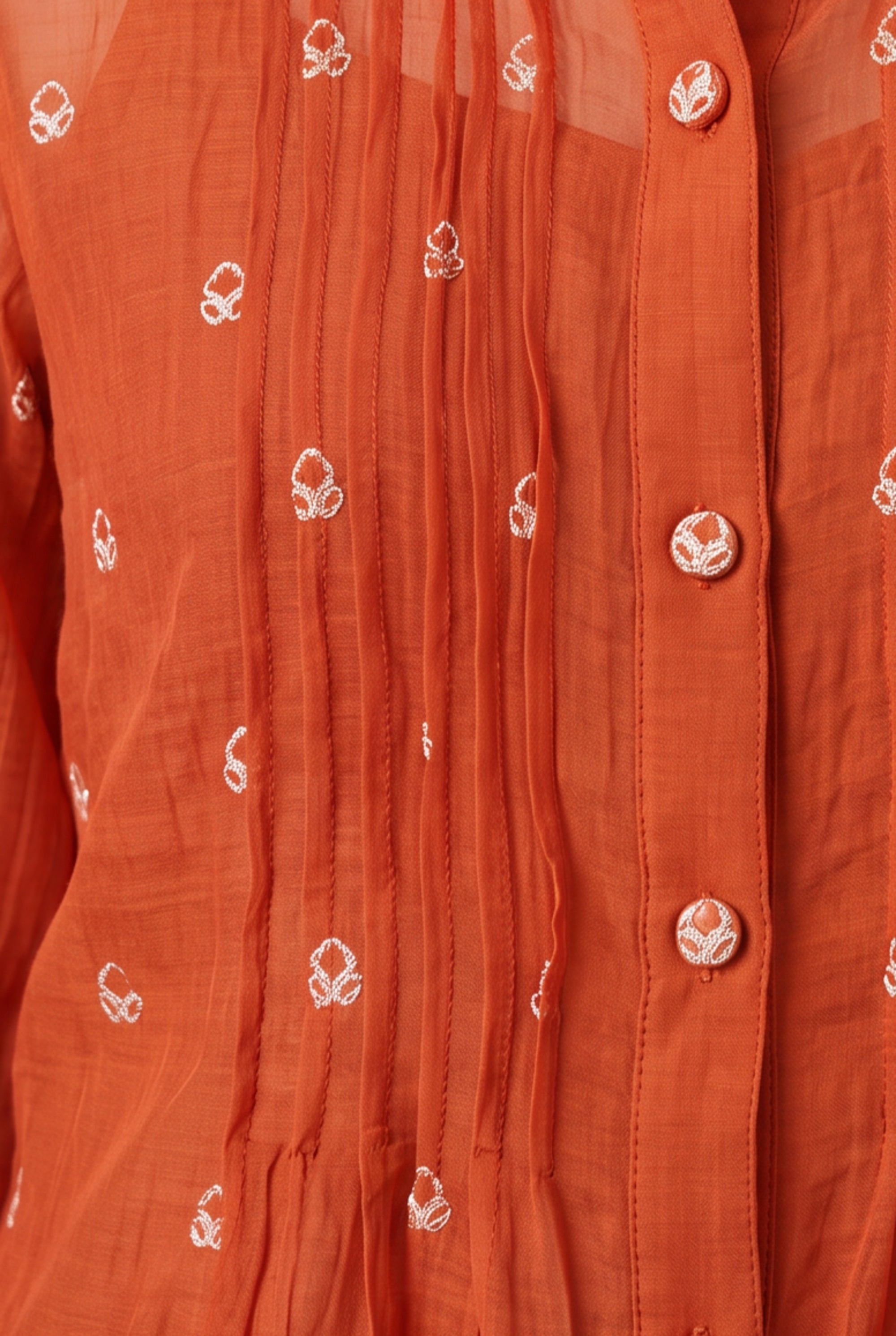 Rust Orange Pintuck Embroidered Shirt with Straight Pant Co-ord Set