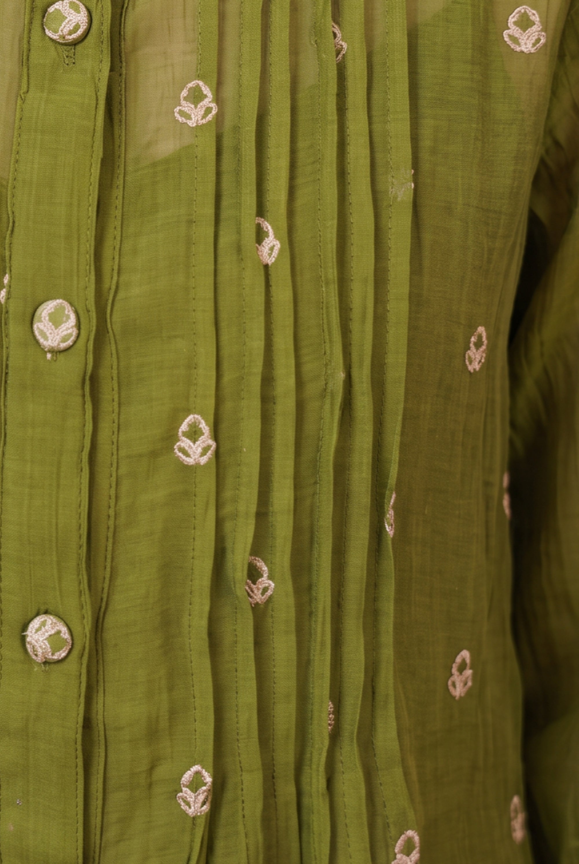 Green Pintuck Designer Button-Down Embroidered Shirt & Pant Co-ord Set