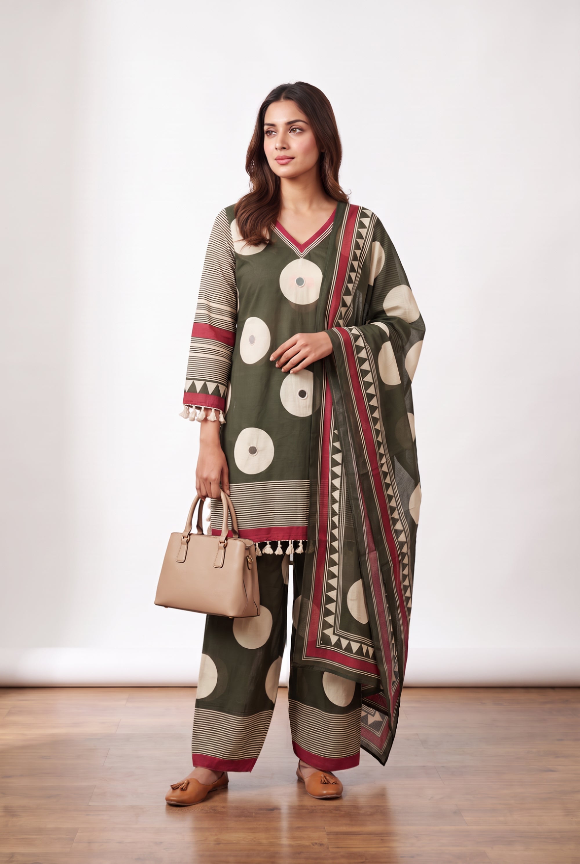 Green Abstract Circle Printed Cotton Kurta with Straight Pants & Dupatta