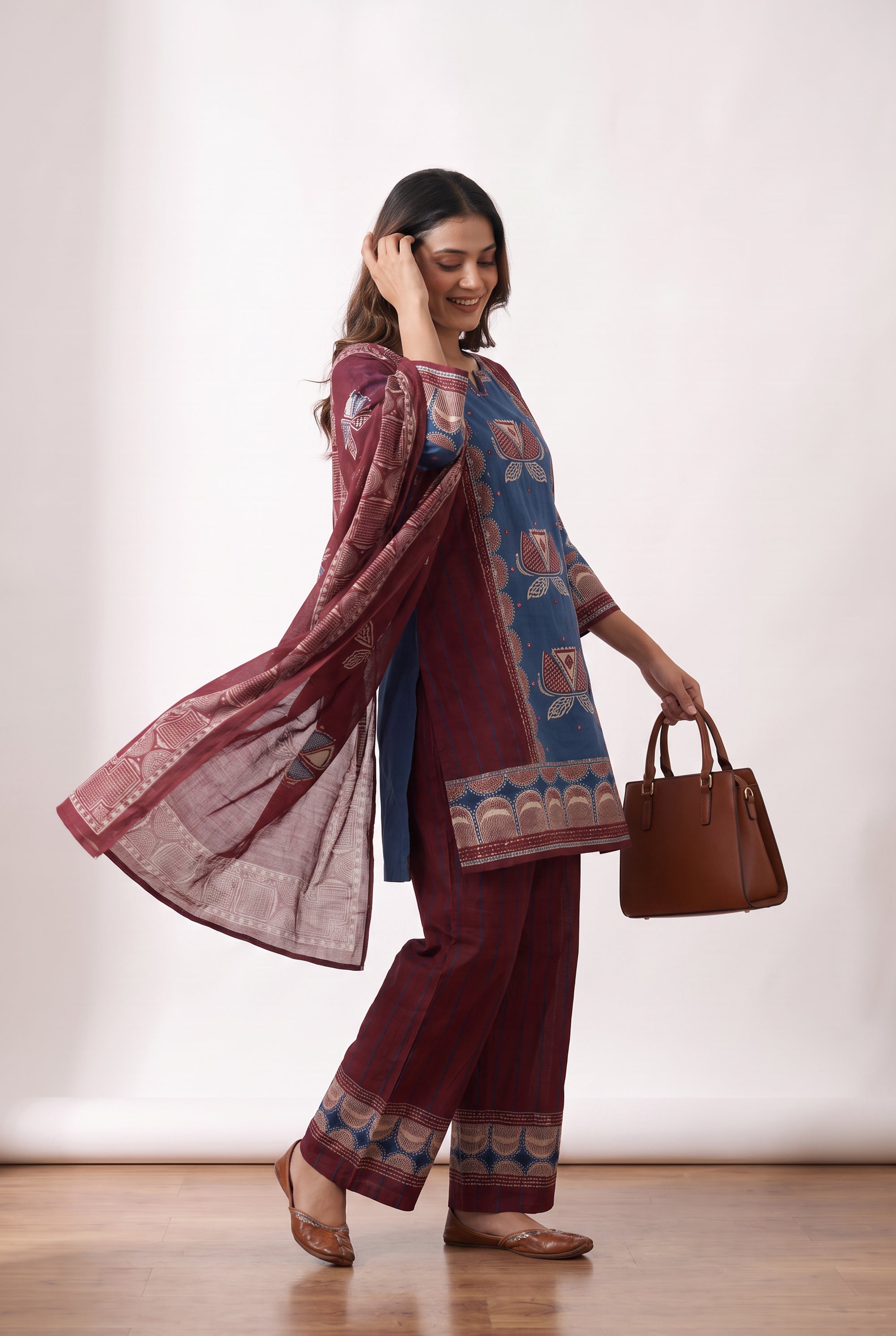 Traditional Blue Hand Block Print Inspired Cotton Kurta Set with Maroon Dupatta & Straight Pants