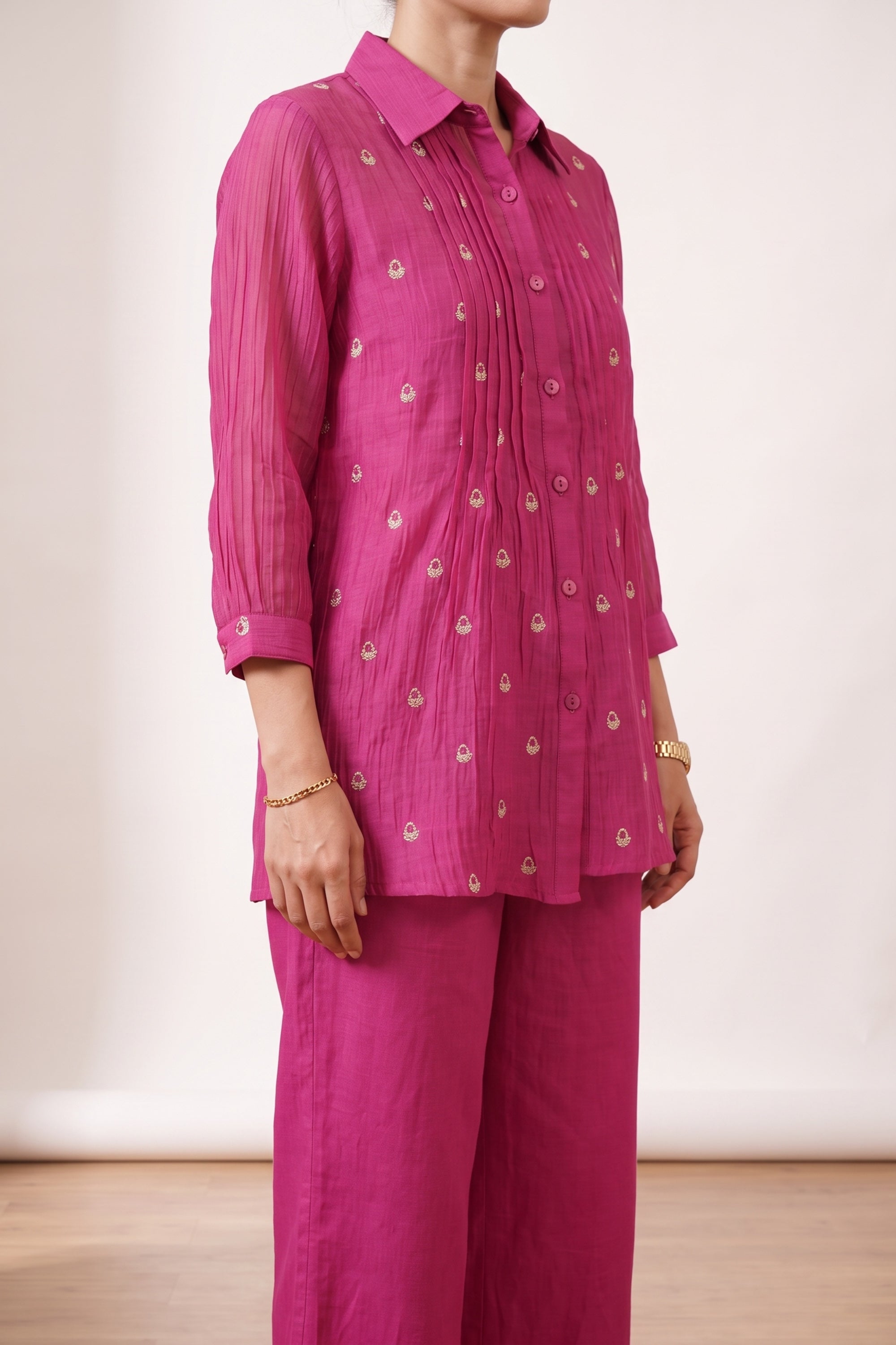 Pink Pintuck Embroidered Button-Down Shirt with Wide Leg Pant Co-ord Set