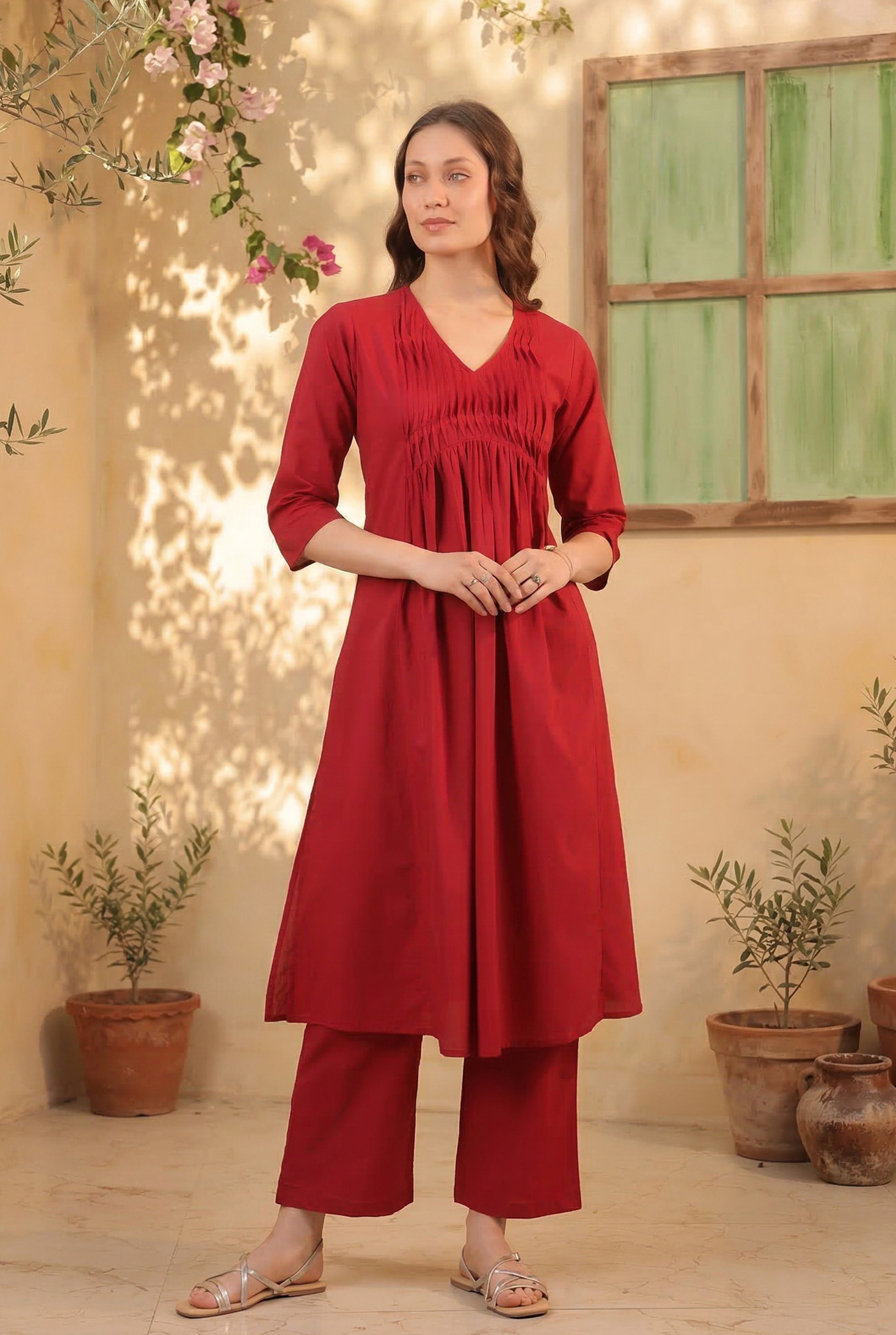 Red Minimal Pintuck A-Line Solid Designer Cotton Kurta with Pant Set