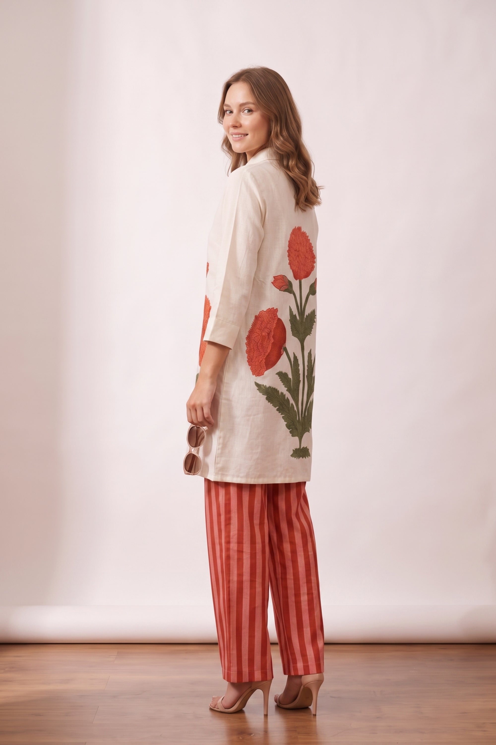 Off-White Botanical Floral Printed Cotton Flex Top with Coral Striped Pant Co-ord Set