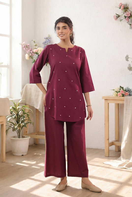 Wine Minimal Heart Motif Embroidered Cotton Flex Co-ord Set