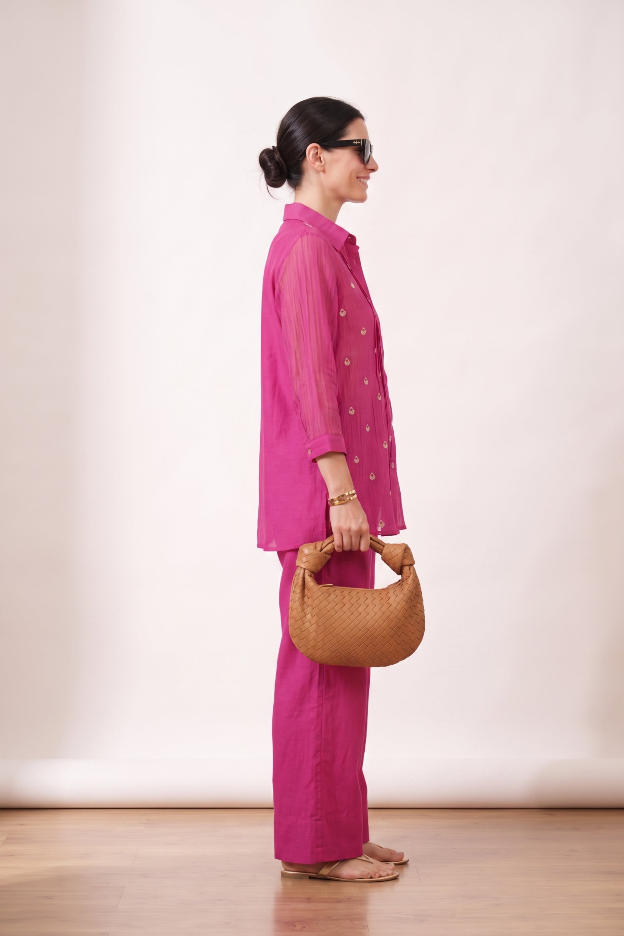 Pink Pintuck Embroidered Button-Down Shirt with Wide Leg Pant Co-ord Set