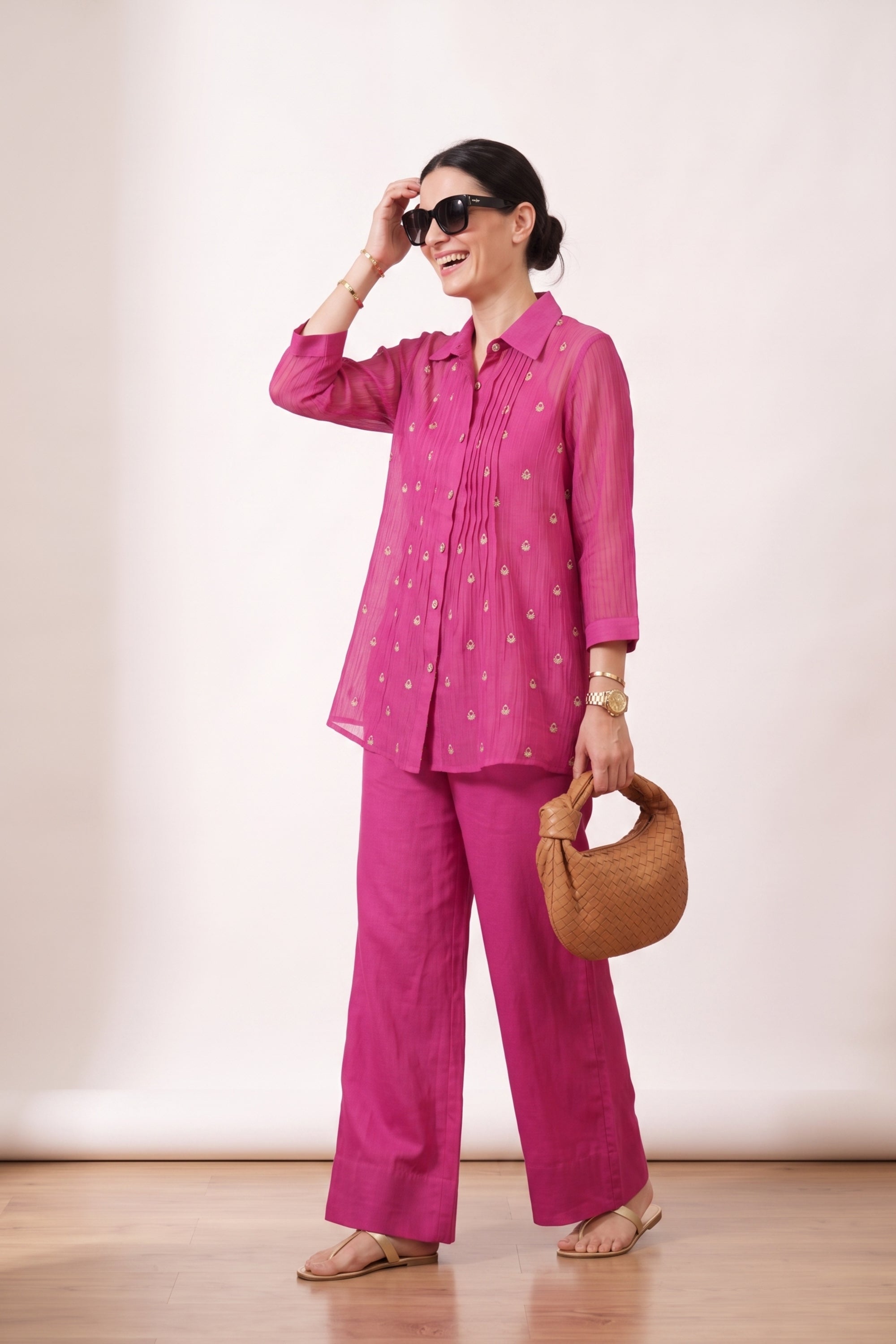 Pink Pintuck Embroidered Button-Down Shirt with Wide Leg Pant Co-ord Set