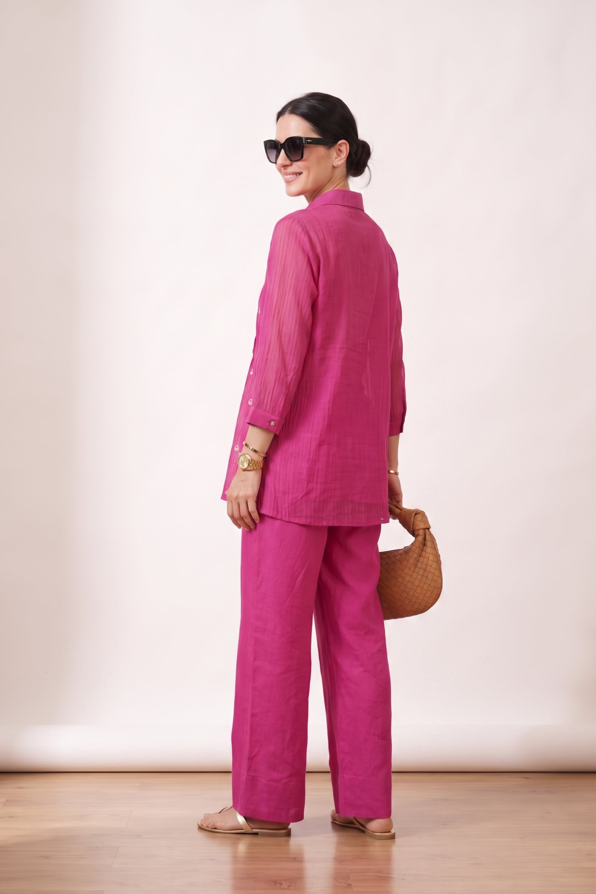 Pink Pintuck Embroidered Button-Down Shirt with Wide Leg Pant Co-ord Set
