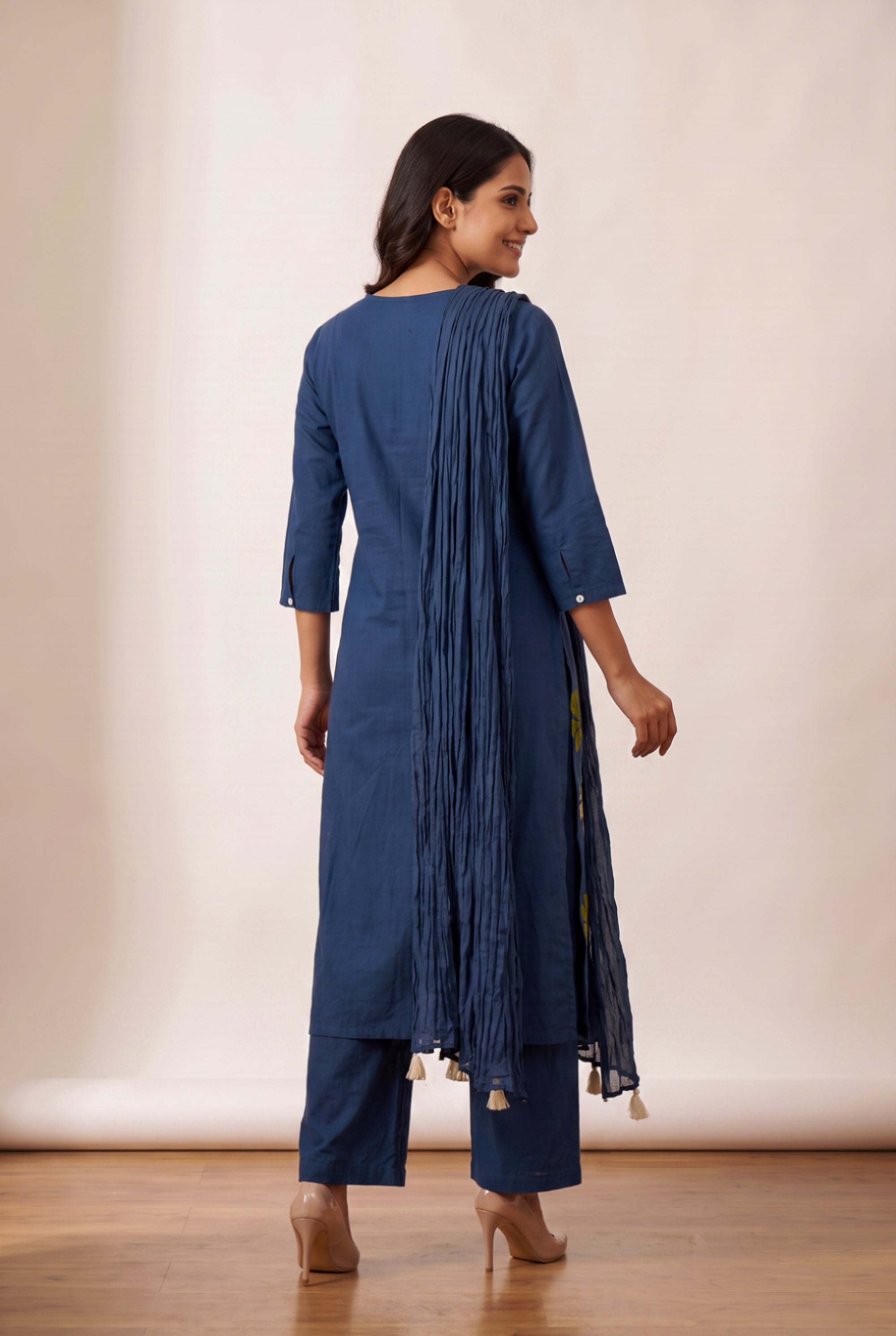 Blue Bird Printed Cotton Flex Kurta Set with Crushed Tassel Detail Dupatta & Straight Pants