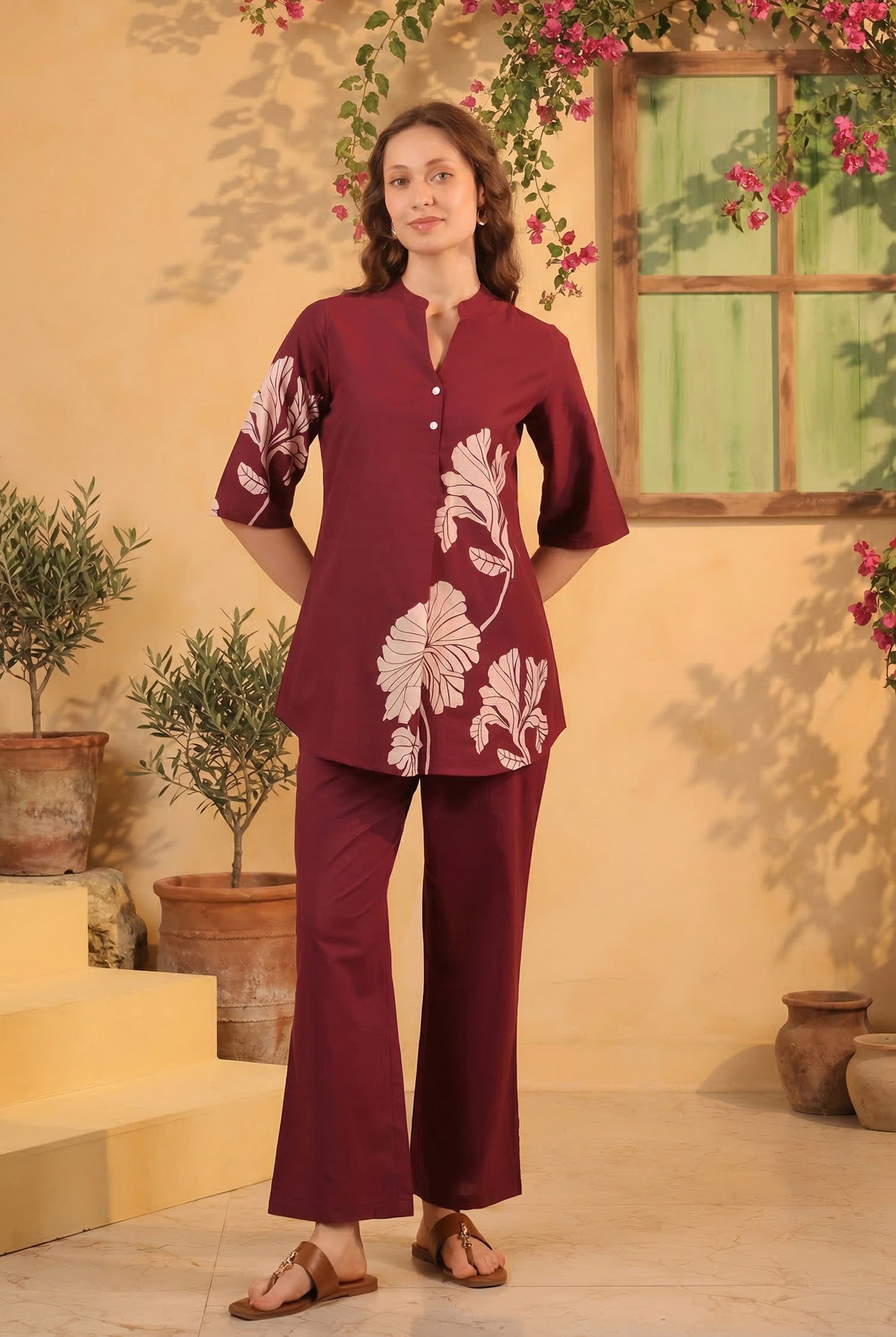 Wine Elegant Design Floral Leaf Printed Cotton Top & Pant Co-ord Set