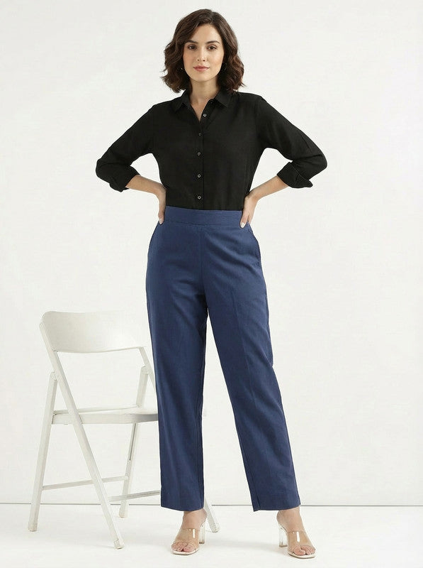 High Rise Blue Solid Straight Fit Cotton Pants