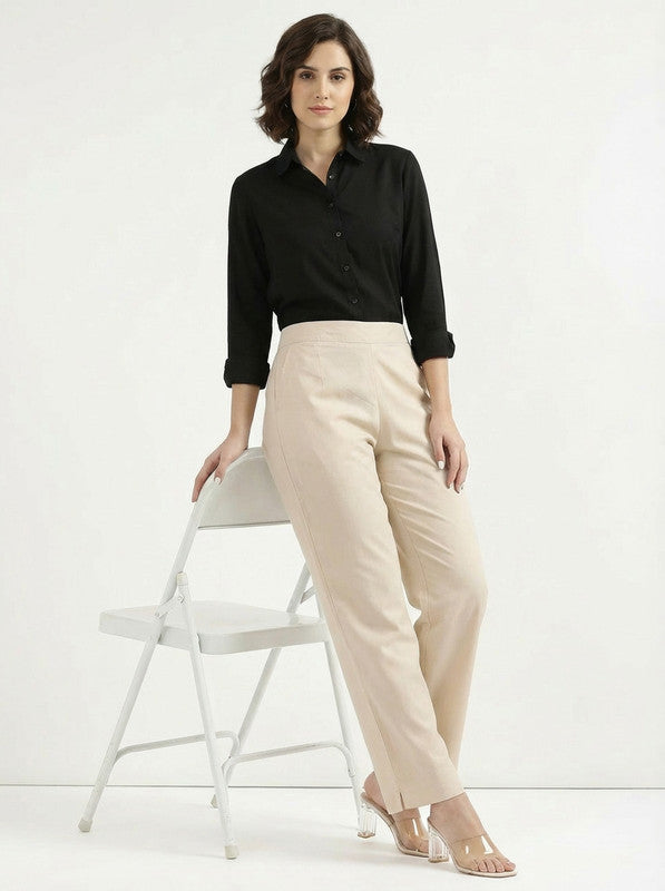 Minimal Solid Beige Office Wear Straight Cotton Pants