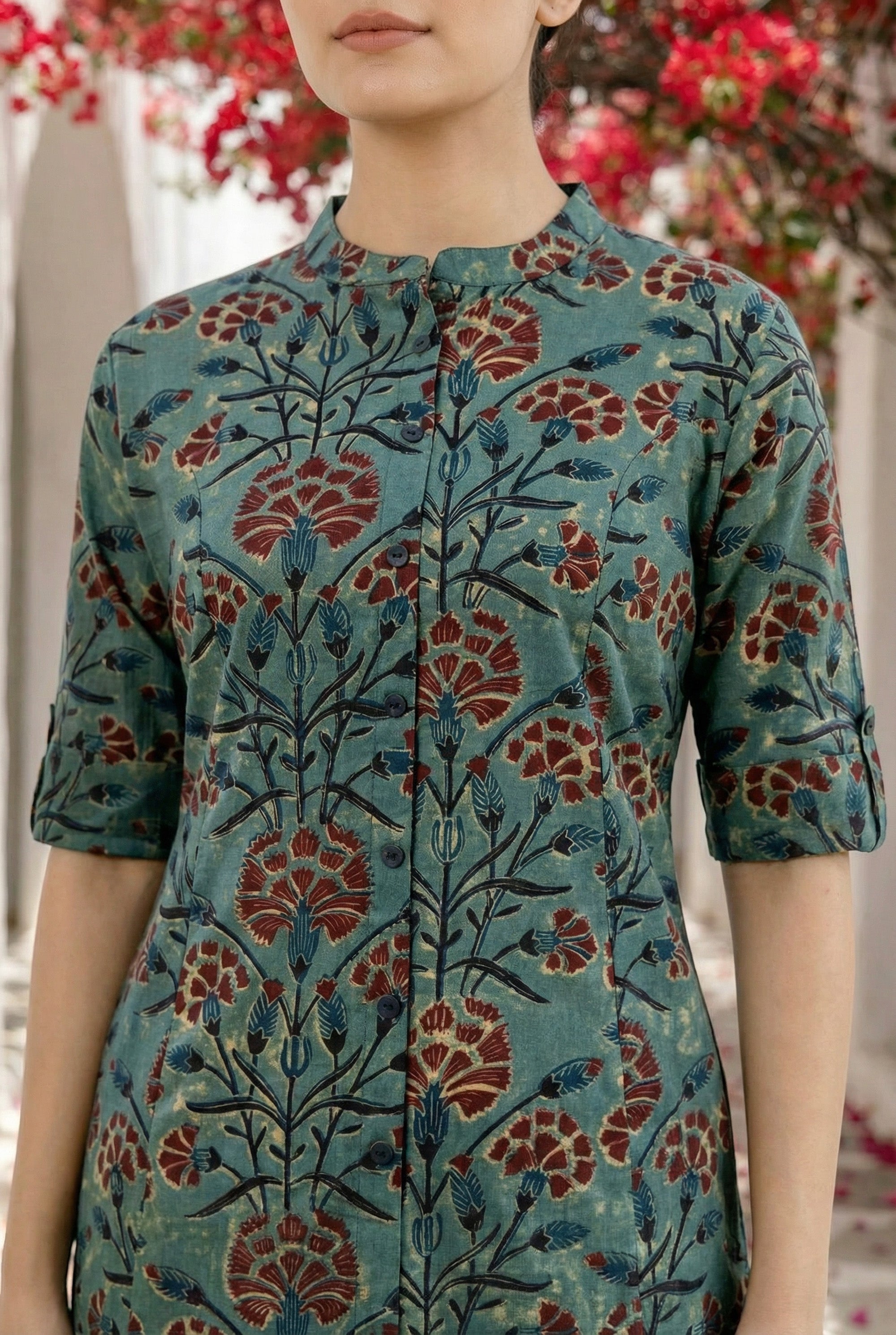 Teal Green Floral Printed Cotton Straight Kurta Set