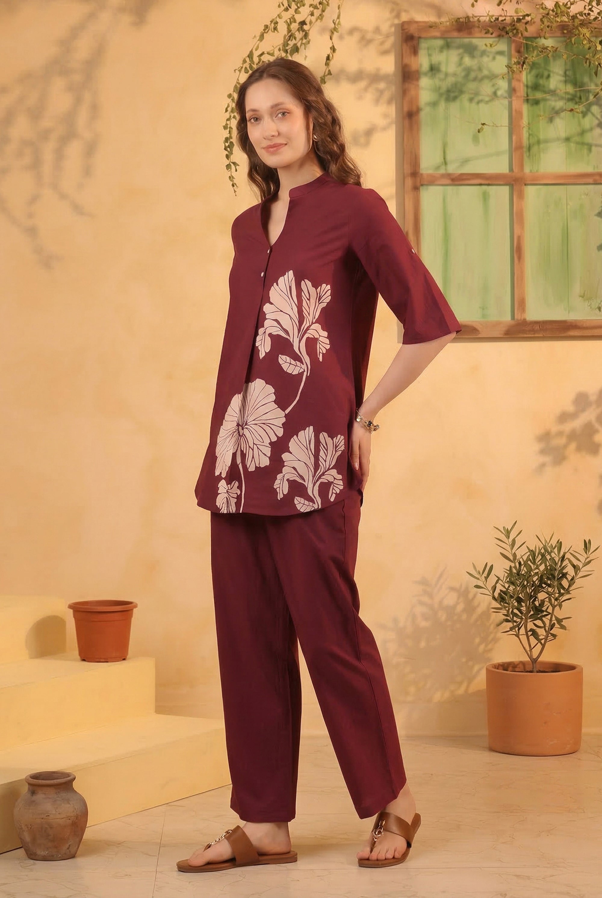 Wine Elegant Design Floral Leaf Printed Cotton Top & Pant Co-ord Set