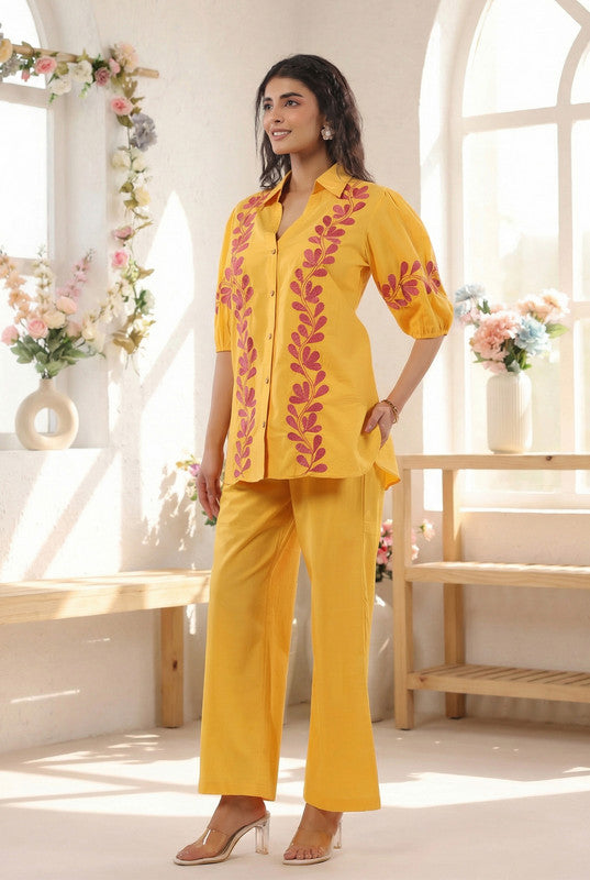 Mustard Yellow Ethnic Printed Cotton Co-ord Set with Half Puff Sleeves