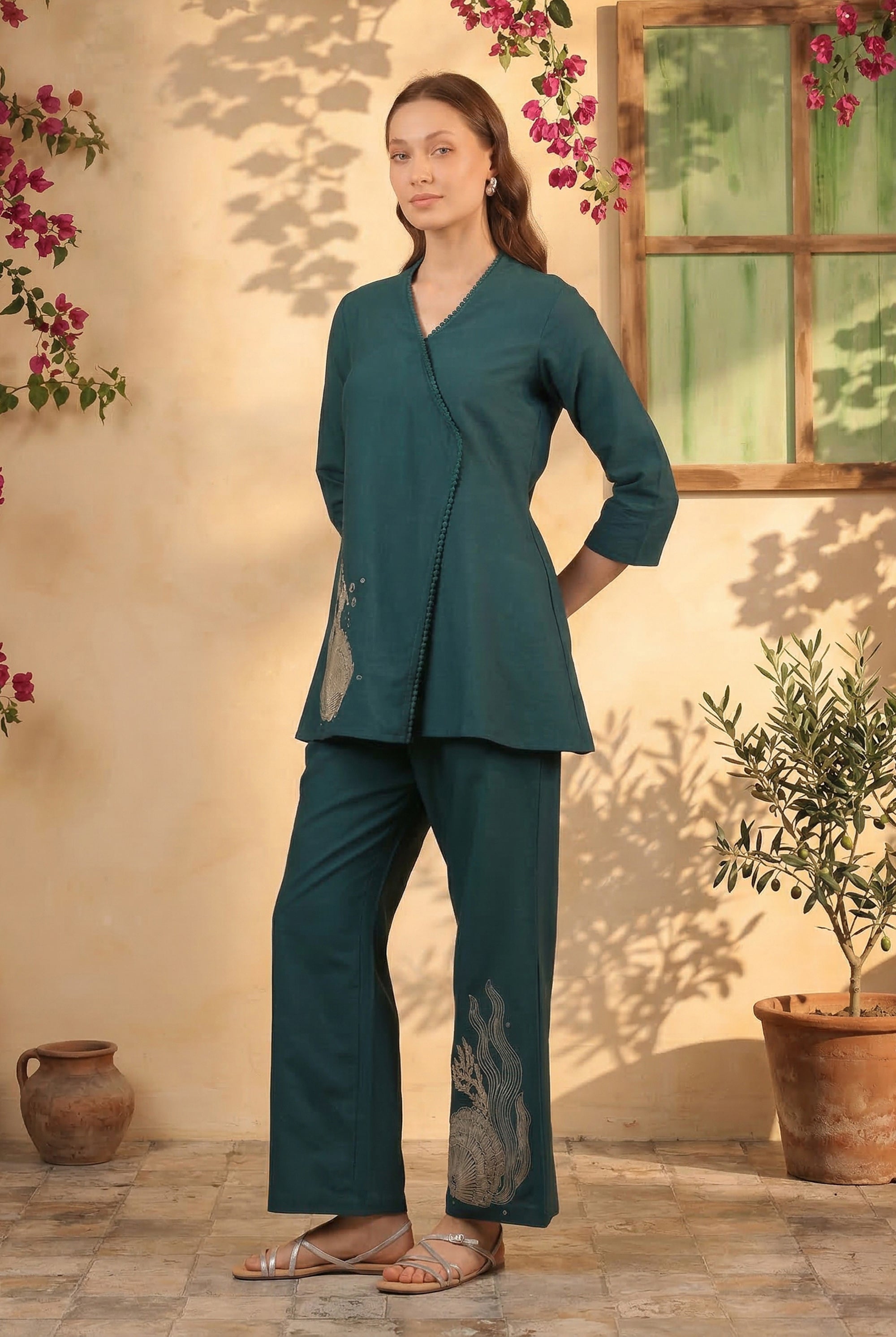 Teal Designer Contemporary Embroidered Cotton Flex Tunic with Straight Pants Co-ord Set