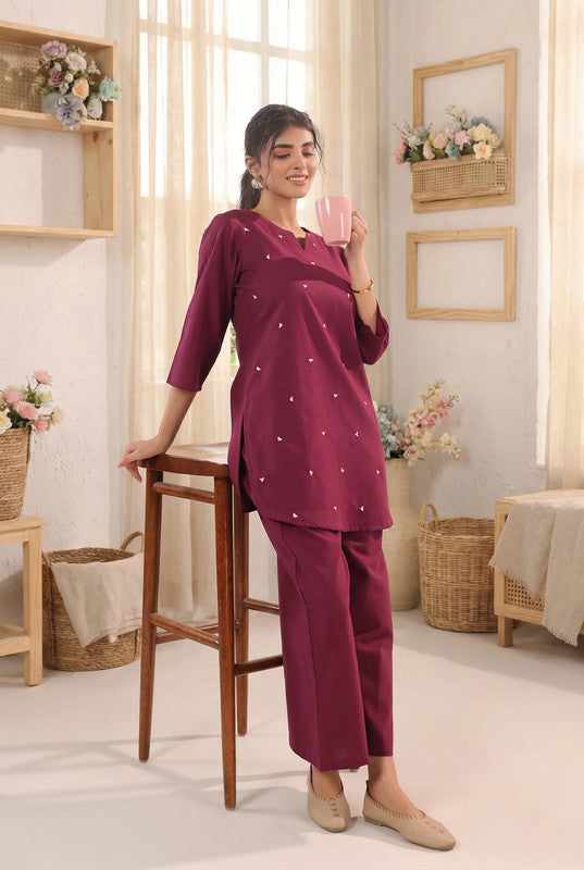 Wine Minimal Heart Motif Embroidered Cotton Flex Co-ord Set
