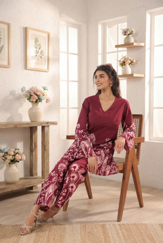 Wine Floral & Ethnic Printed Cotton Co-ord Set