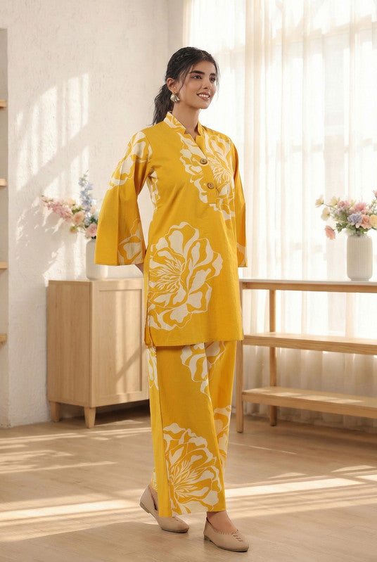 Mustard Yellow Large Floral Printed Cotton Co-ord Set with Button Placket