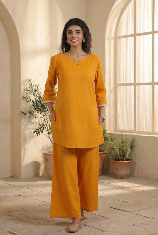 Mustard Yellow Elegant Solid Cotton Flex Co-ord Set
