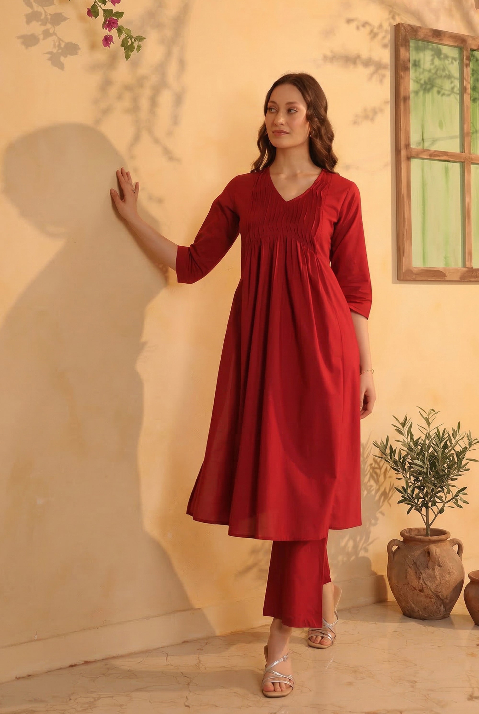 Red Minimal Pintuck A-Line Solid Designer Cotton Kurta with Pant Set