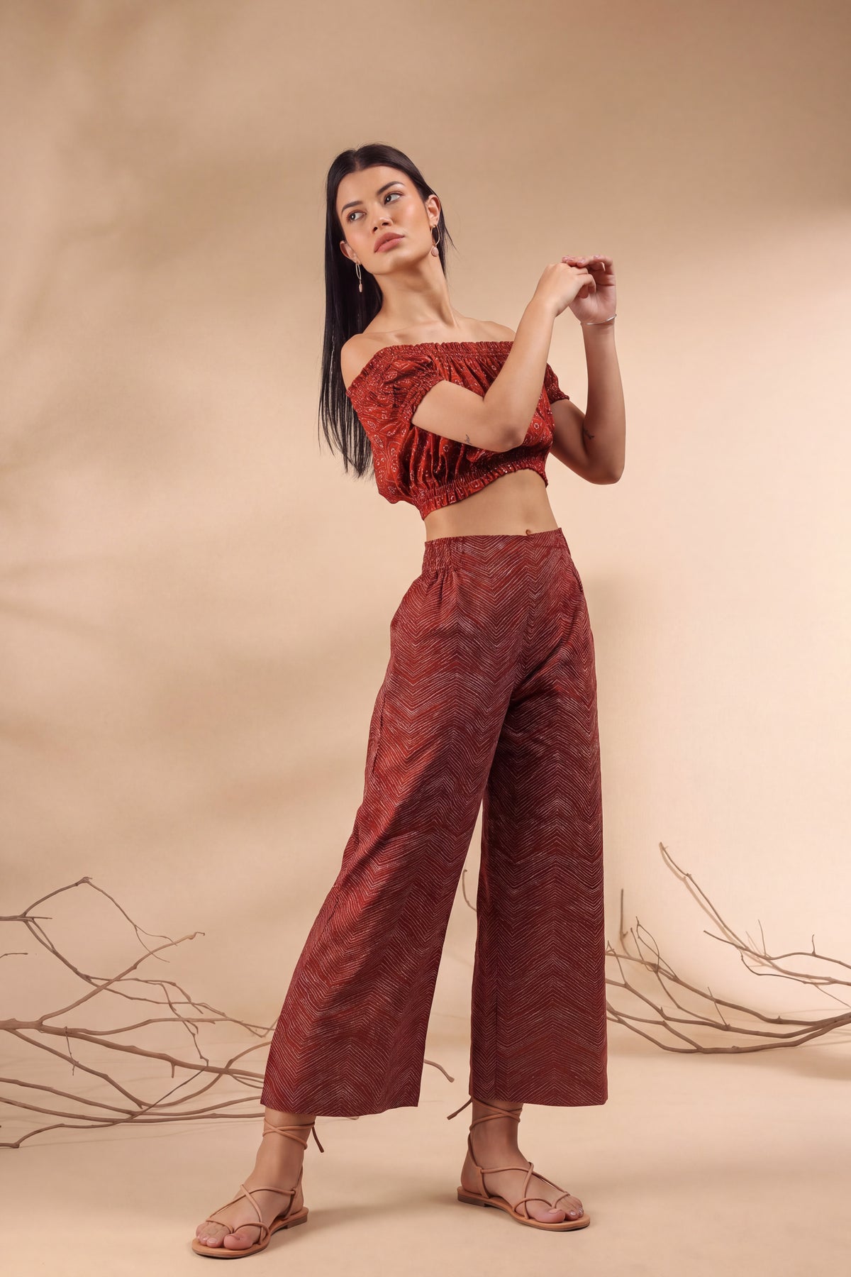 Abstract on Maroon Off-Shoulder Cotton Co-ord Set