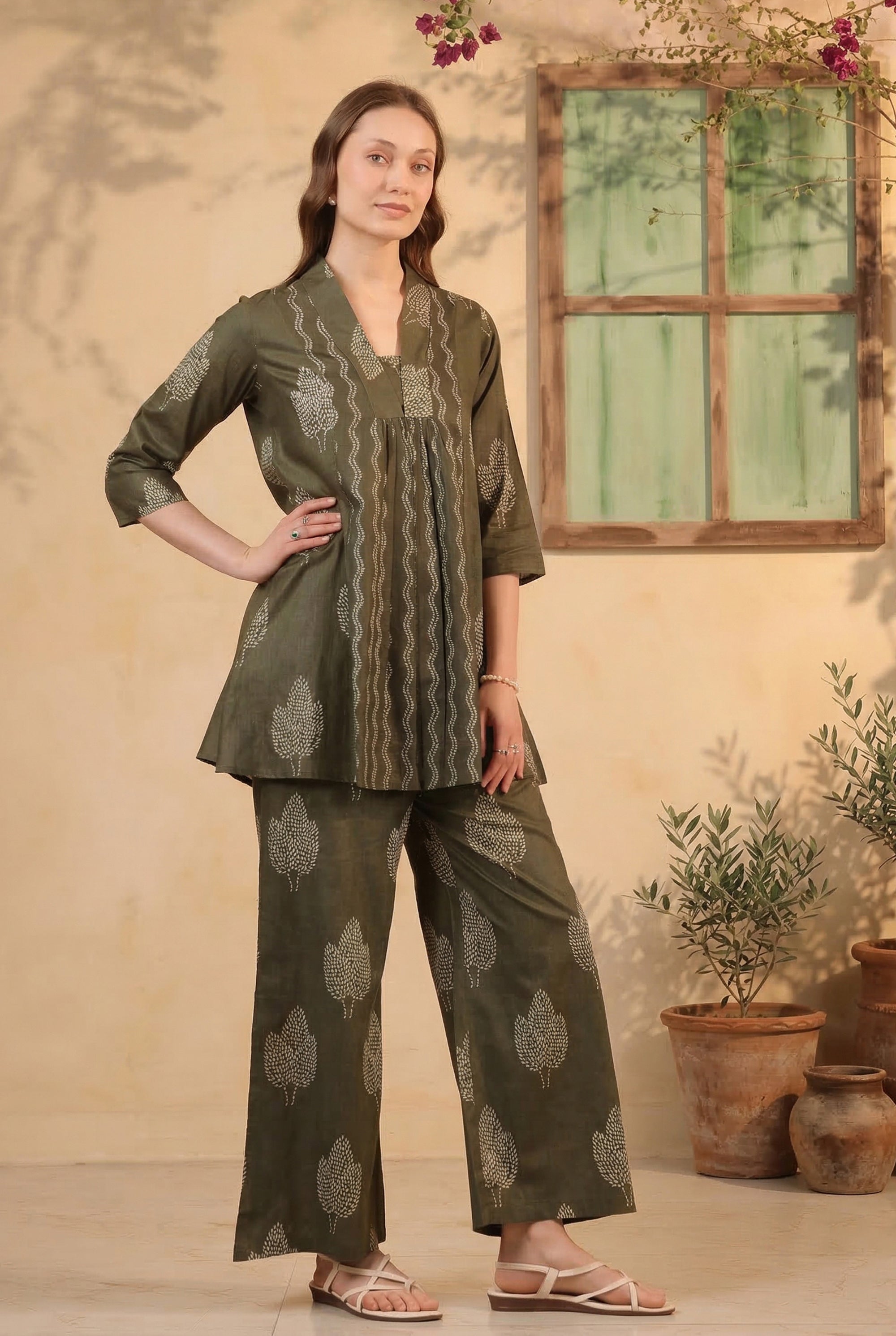 Olive Green Nature Leaf Printed Tunic & Pant Cotton Co-ord Set