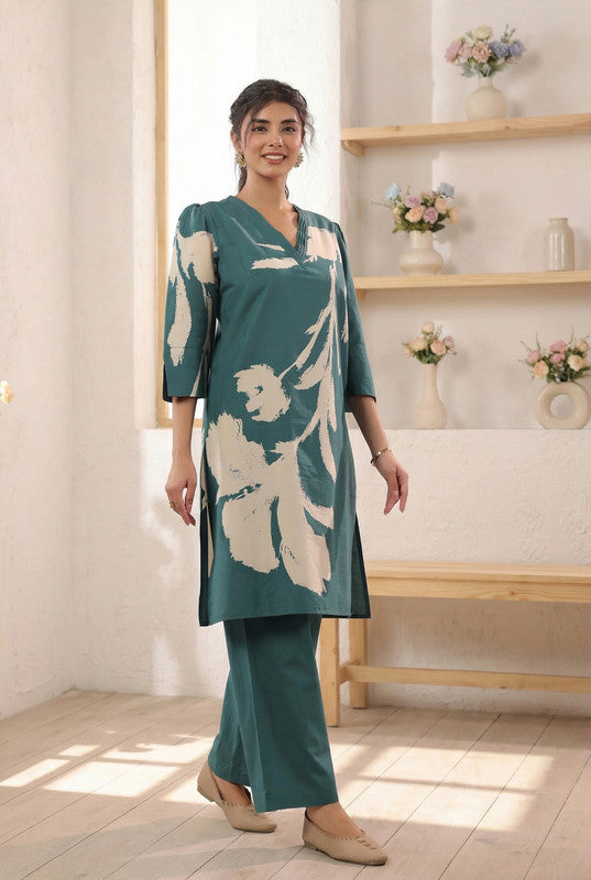 Teal Abstract Floral Printed Cotton Co-ord Set