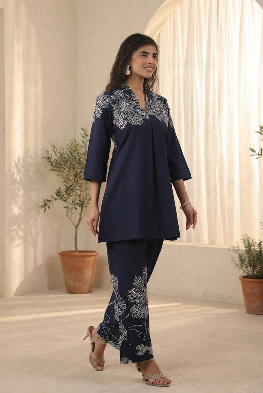 Navy Blue Elegant Floral Cotton Co-ord Set