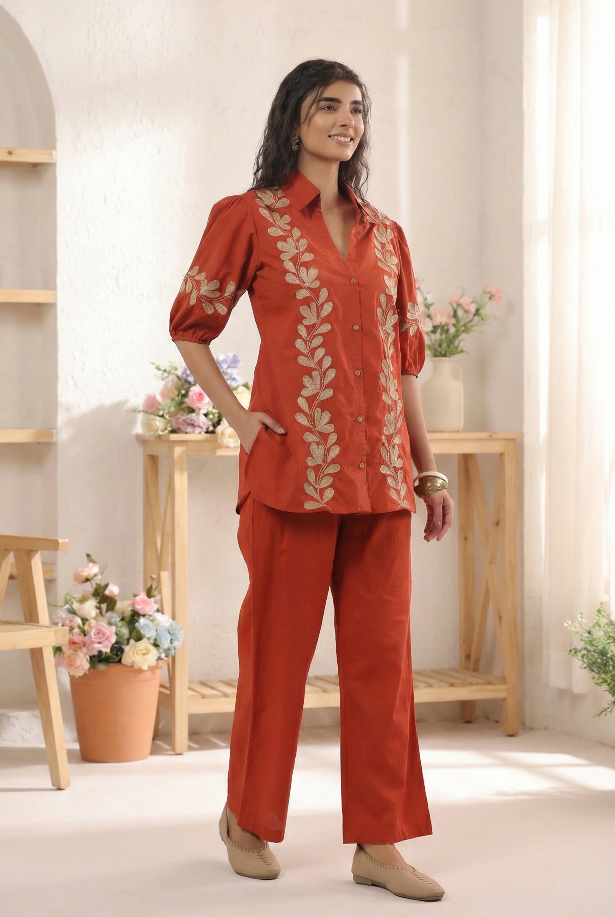 Rust Leaf Printed Cotton Co-ord Set with Puff Sleeves