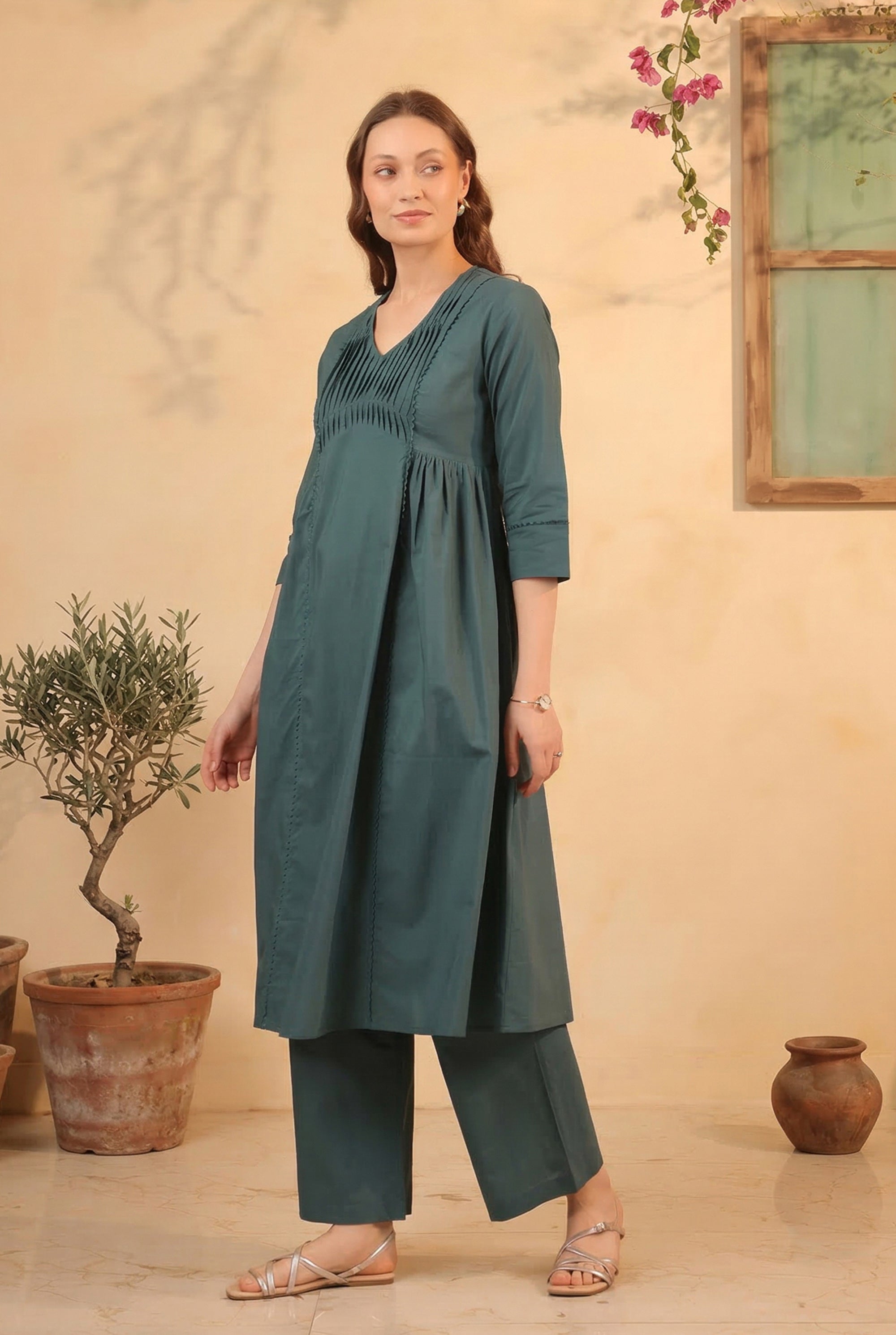 Green Classic Pintuck Solid Cotton Designer Kurta with Pant Set