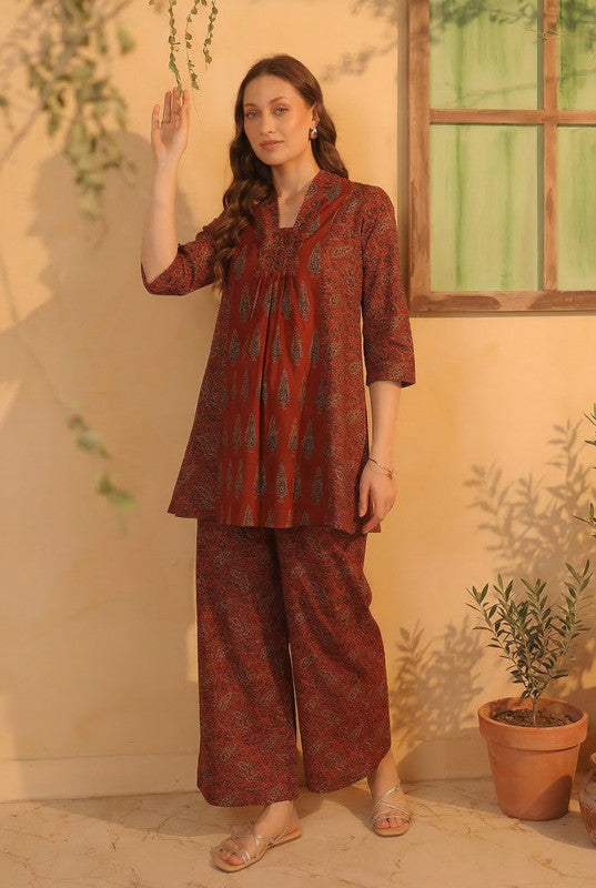 Maroon Ethnic Traditional Printed CTunic & Pant Co-ord Set