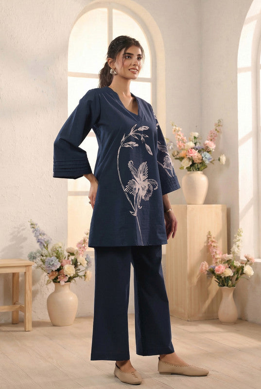 Navy Blue Designer Floral Printed Cotton Co-ord Set