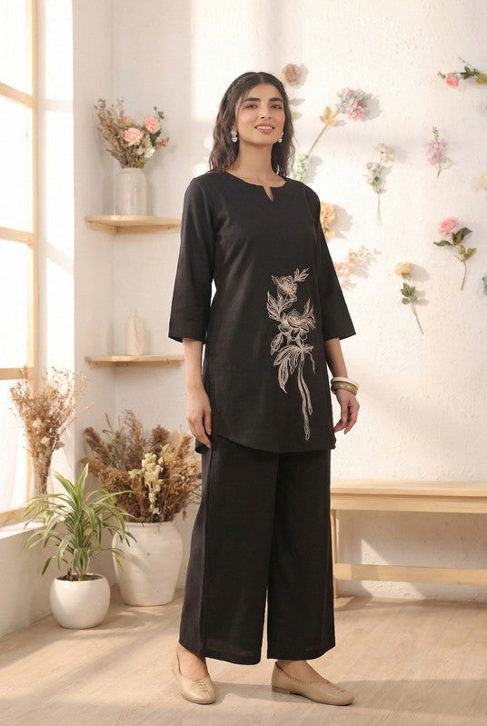 Black Designer Floral Embroidered Cotton Flex Co-ord Set