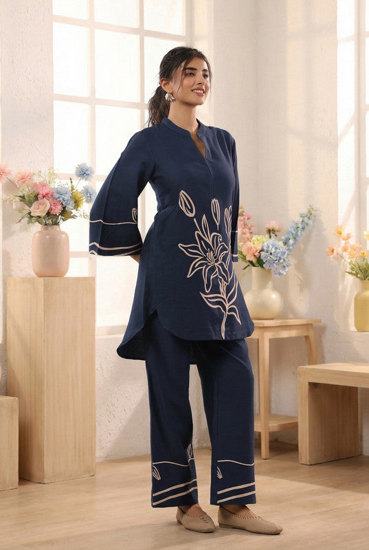 Navy Blue Floral Designer Printed Cotton Co-ord Set