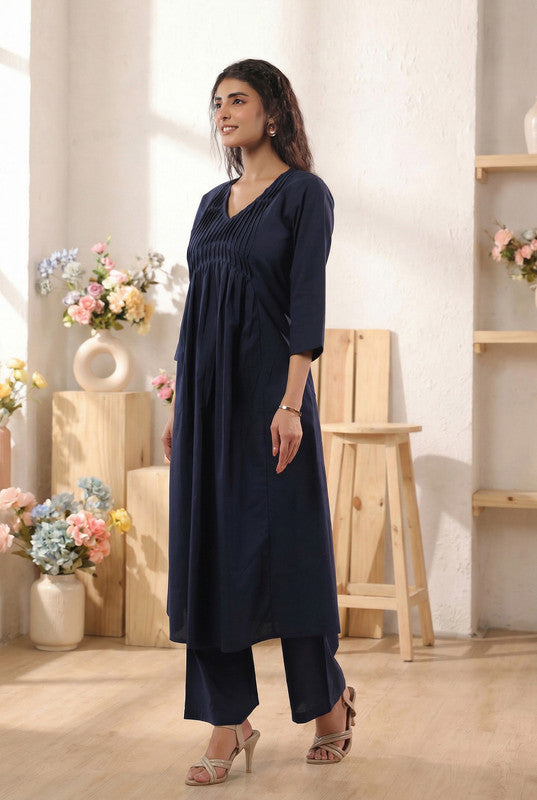 Navy Blue Solid Pintuck A-Line Cotton Kurta with Straight Pants