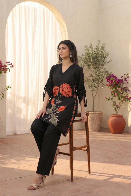 Black Floral Motif Cotton Co-ord Set with Tie-Up Sleeves