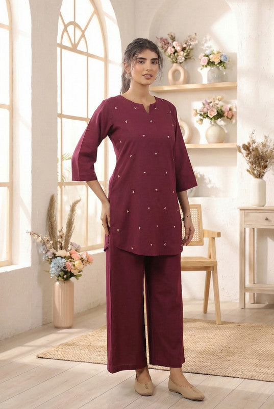 Wine Minimal Heart Motif Embroidered Cotton Flex Co-ord Set