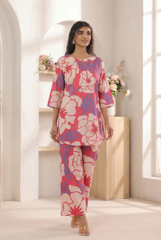 Pink & Beige Large Designer Floral Printed Cotton Co-ord Set
