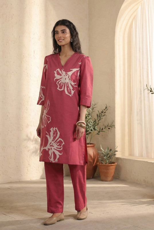 Rose Pink Elegant Floral Printed Cotton Co-ord Set