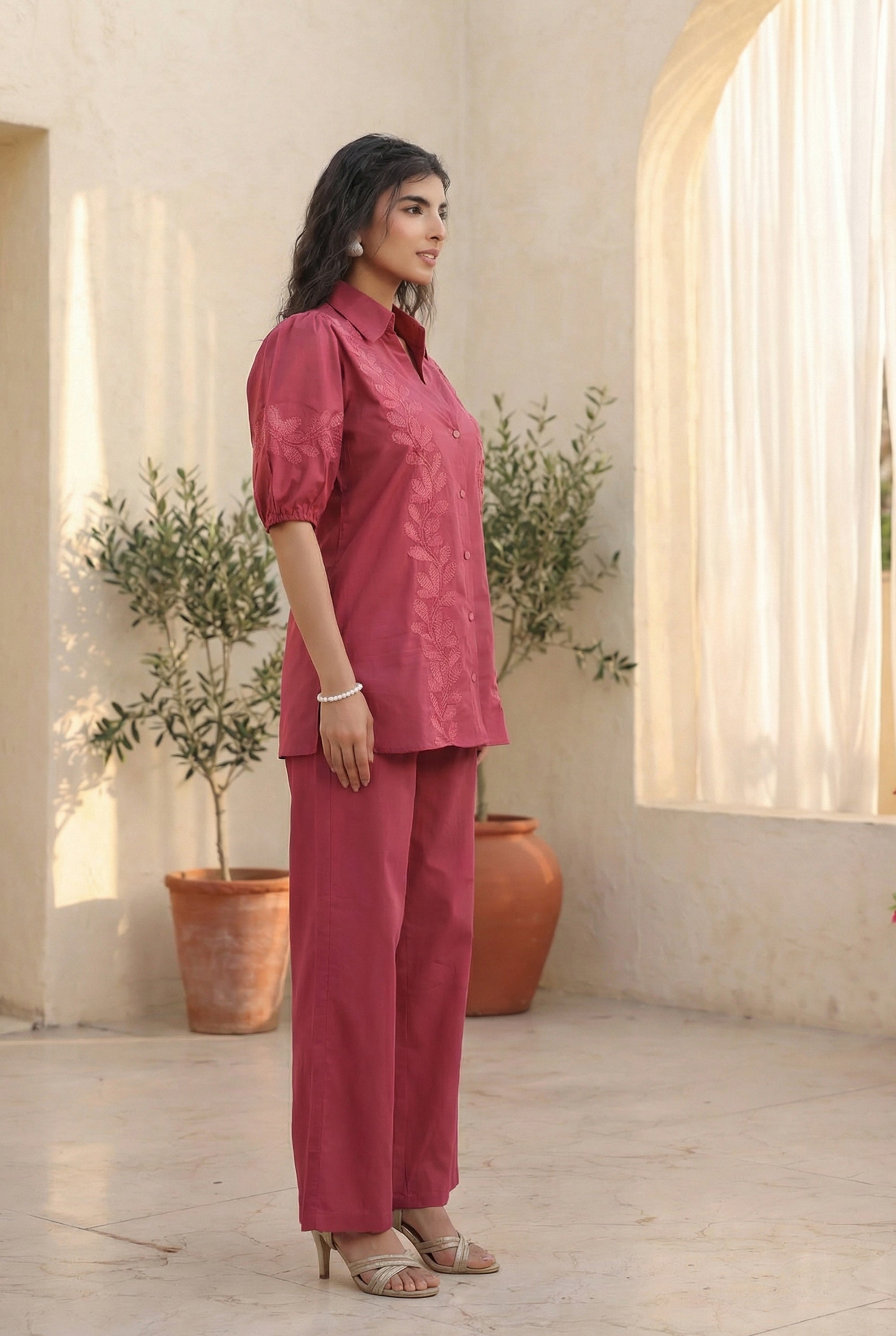 Pink Leaf Embroidered Designer Cotton Co-ord Set with Puff Sleeves