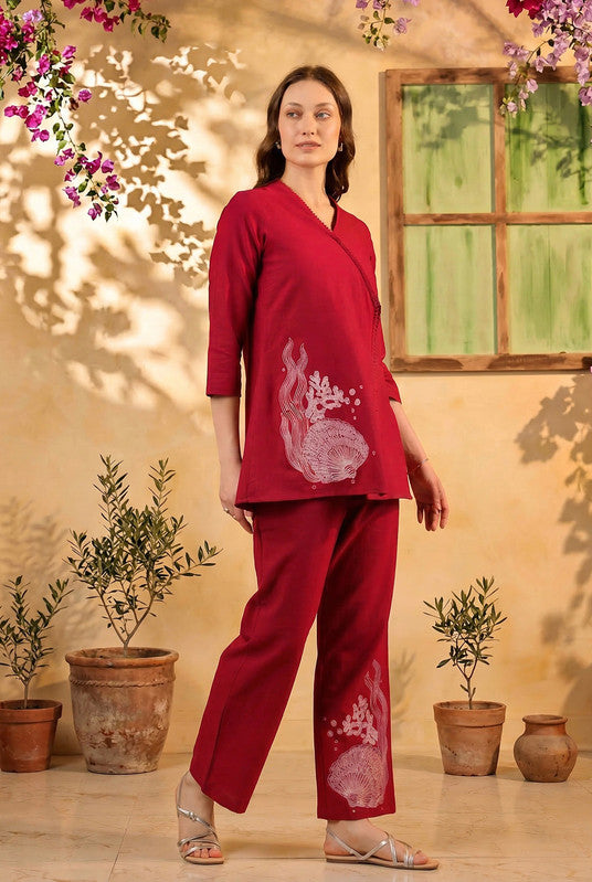 Red Wrap Style Placement Printed Cotton Cotton Flex Two Piece Co-ord Set