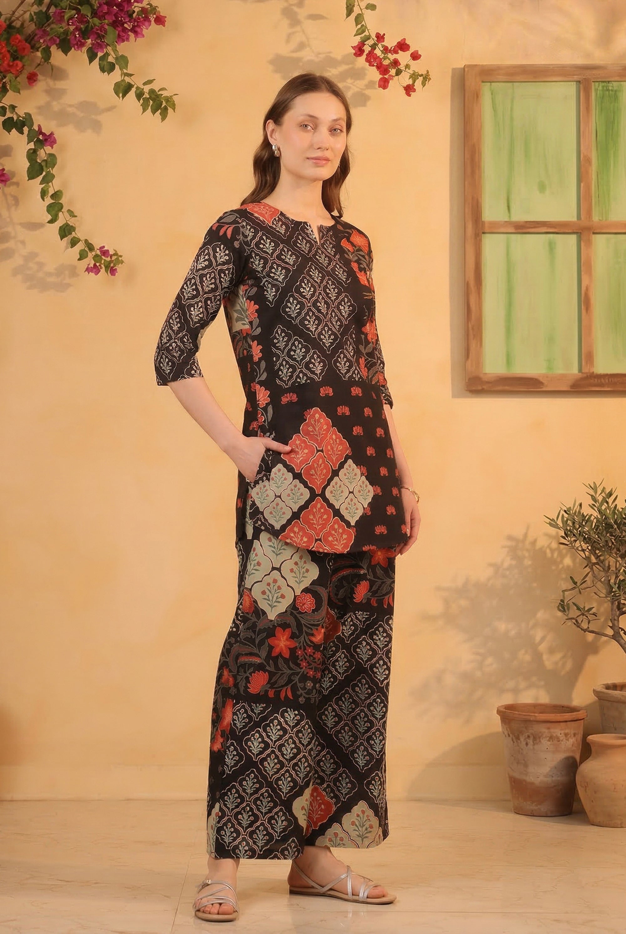 Black Ethnic Traditional Print Top and Pant Cotton Co-ord Set
