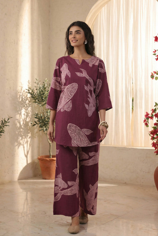 Purple Fish Motif Printed Cotton Co-ord Set