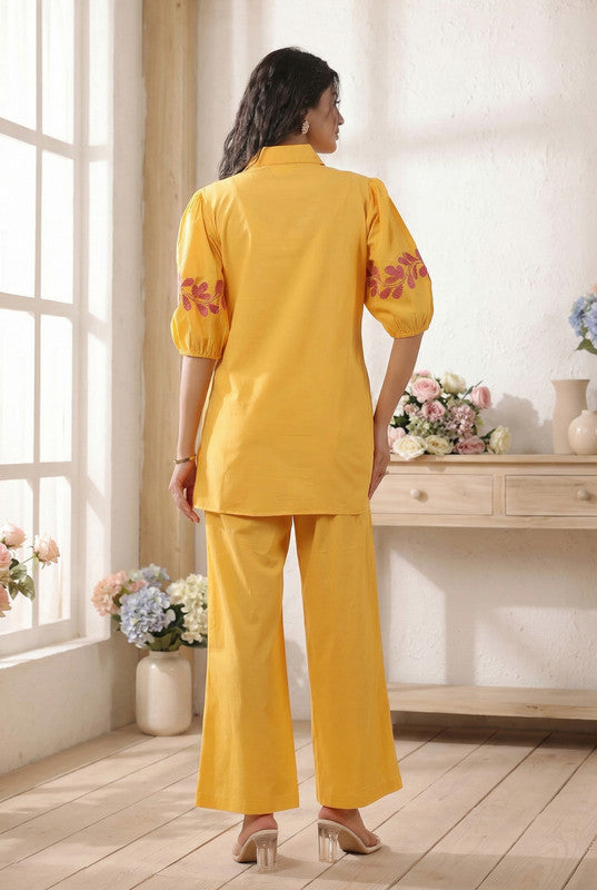 Mustard Yellow Ethnic Printed Cotton Co-ord Set with Half Puff Sleeves